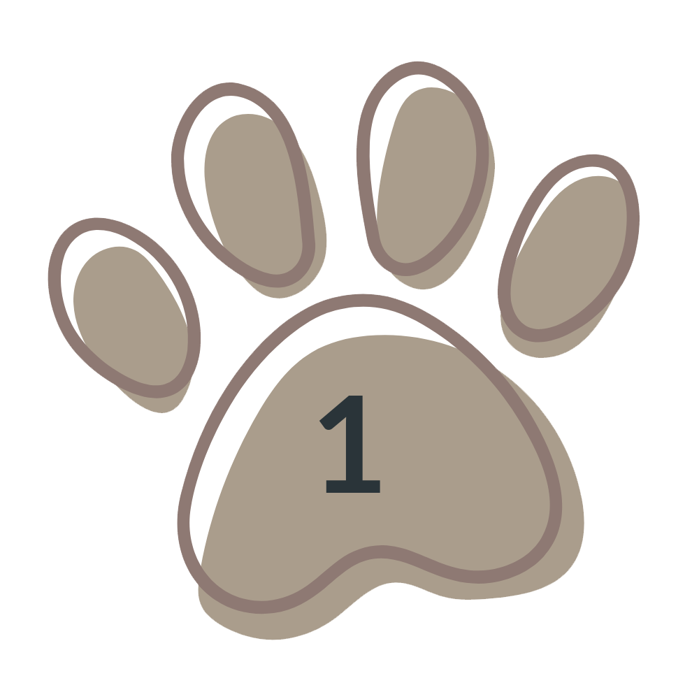 A stylized paw print icon in muted taupe and brown tones on a white background, with the number 1 centered on the pad.