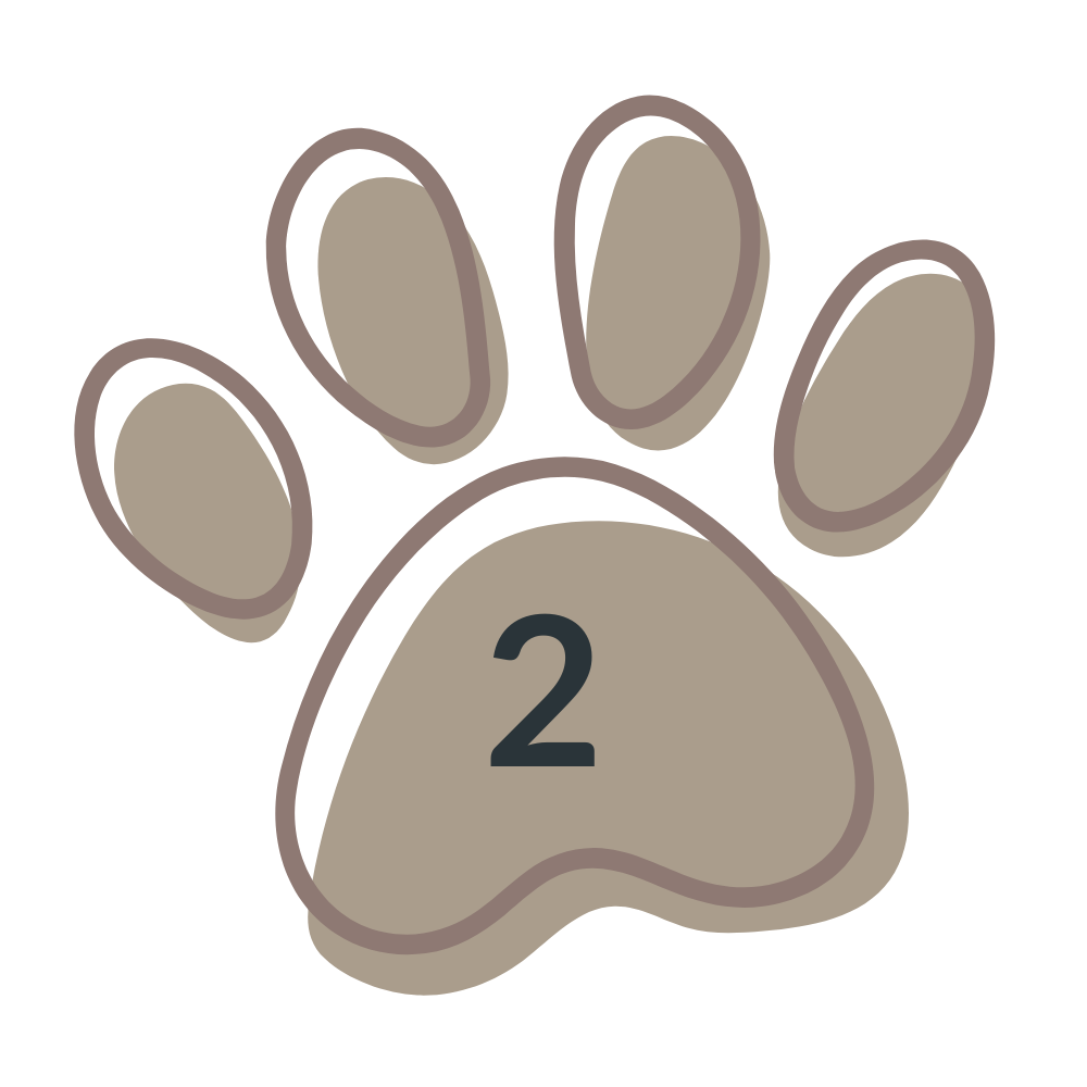 A stylized paw print icon in warm taupe and brown tones on a white background, with the number 2 centered on the pad.