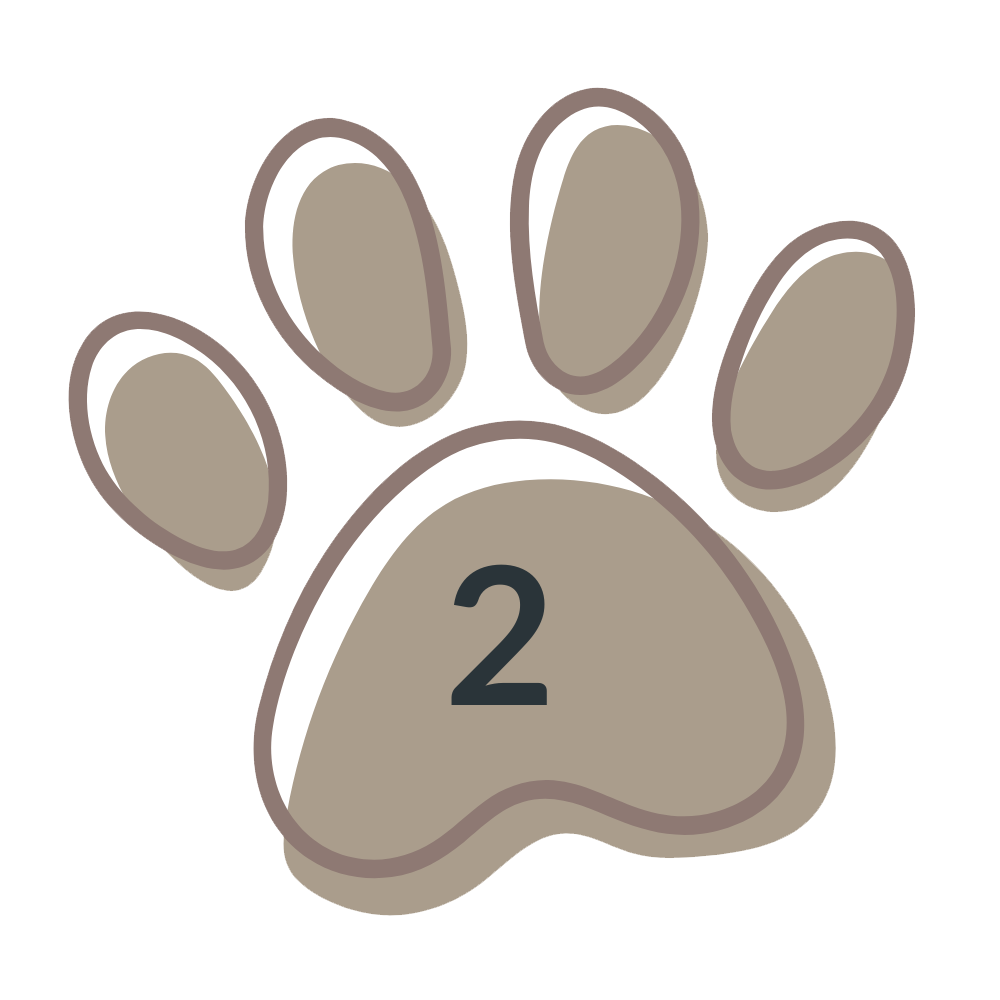 A stylized paw print icon in muted taupe and brown tones on a white background, with the number 2 centered on the pad.