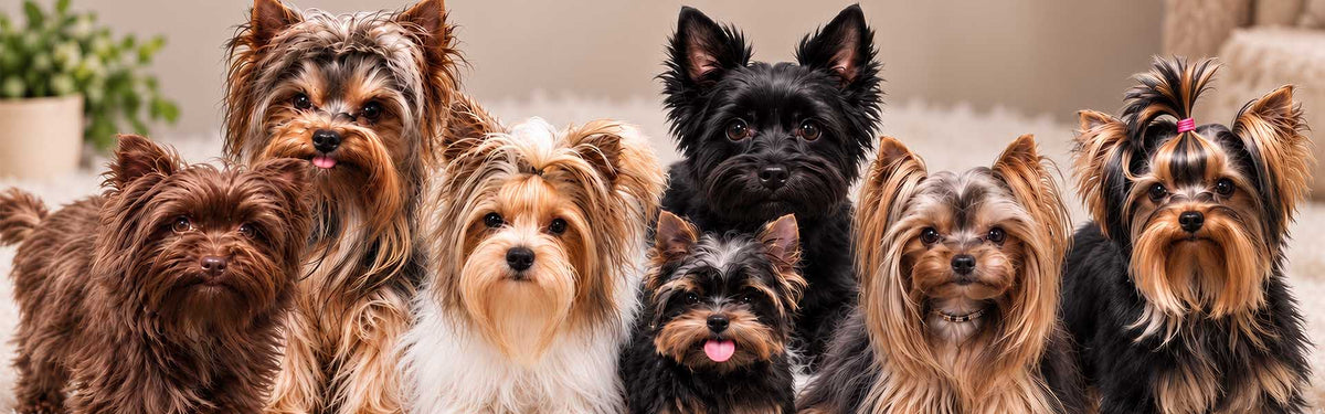 A group of six Yorkshire Terrier dogs posing together in a close-up group photo against a soft beige background.