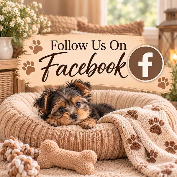 A small fluffy puppy rests in a cozy knit dog bed with a blanket and toy nearby. A large sign reads 'Follow Us On Facebook' with the Facebook logo, set in a warm, decorated room.