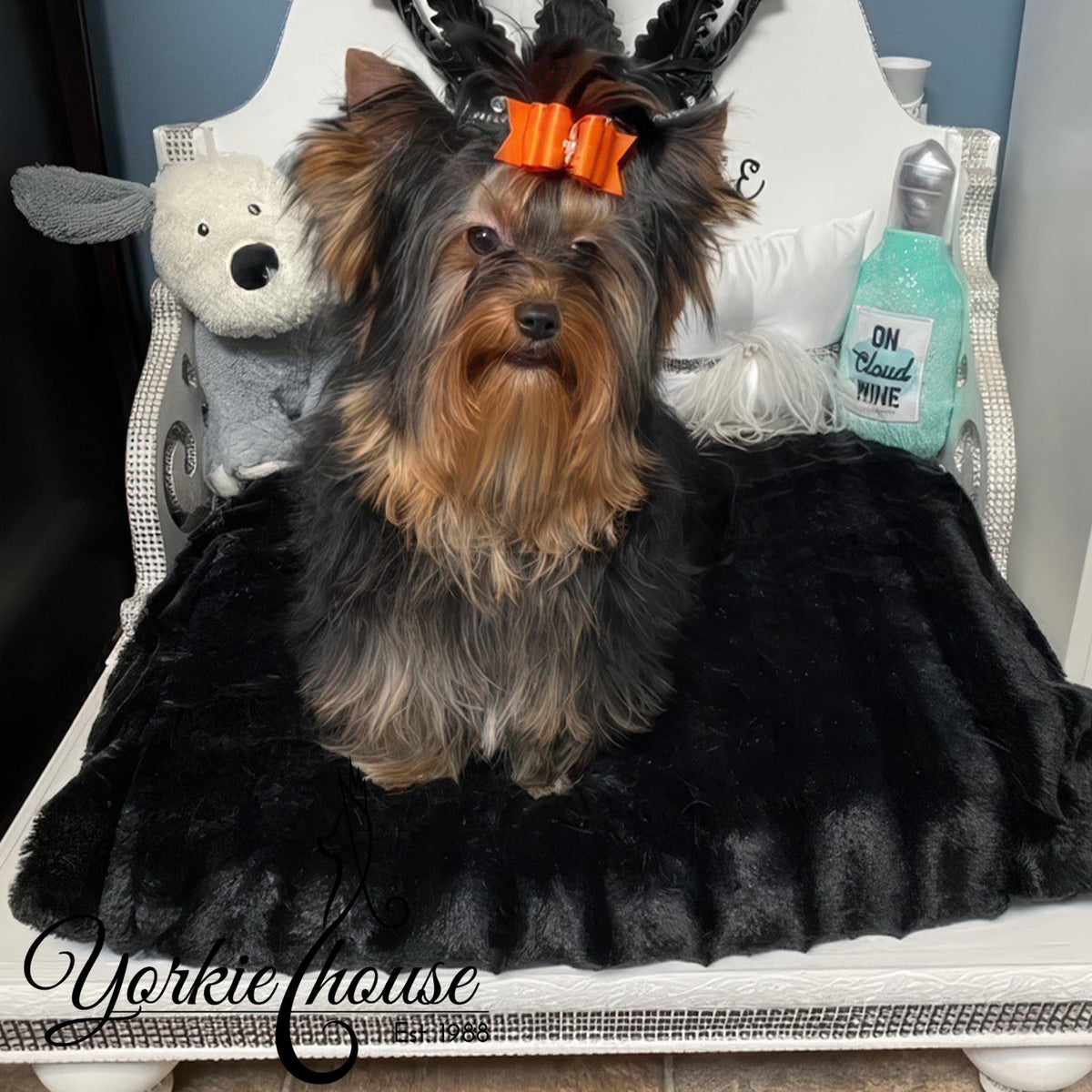 A small Yorkie dog sits on a white chair wearing a black faux-fur reindeer antler headband with an orange bow. A plush toy, a bottle of hand sanitizer, and a black blanket are also on the chair.