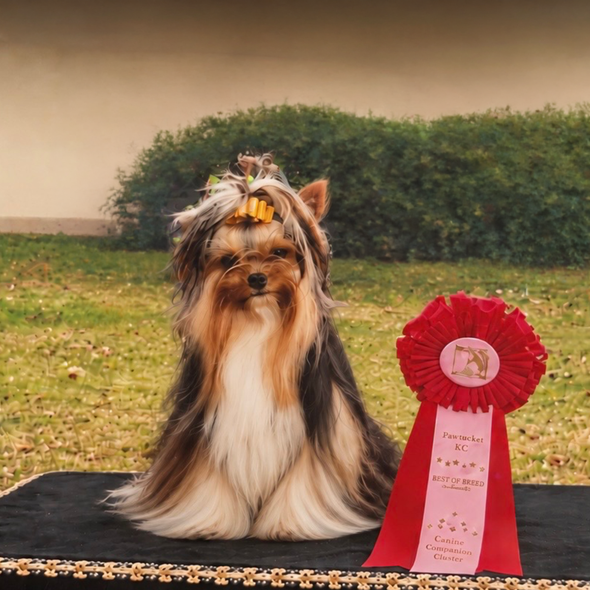 A long-haired Yorkshire Terrier stands on a black mat outdoors beside a large red ribbon award. The dog has a feather headband and the background shows grass, bushes, and a wall.