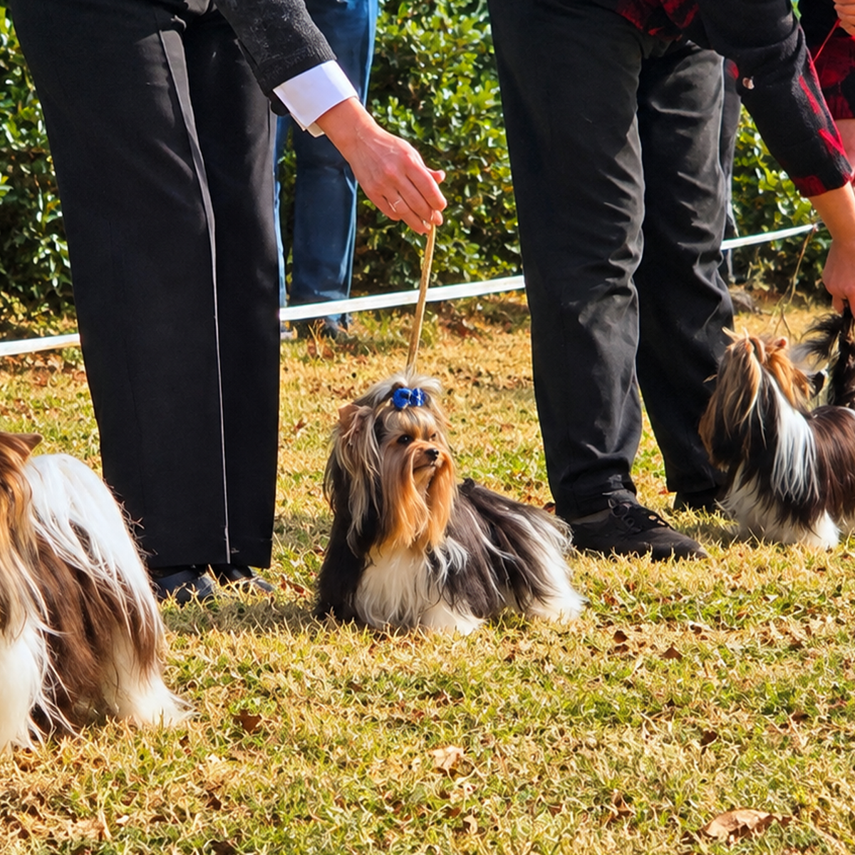 A small long-haired dog sits on grass at an outdoor dog show, with handlers' legs visible holding leashes nearby. The dog has black, white, and tan fur with a bright blue bow on its head.