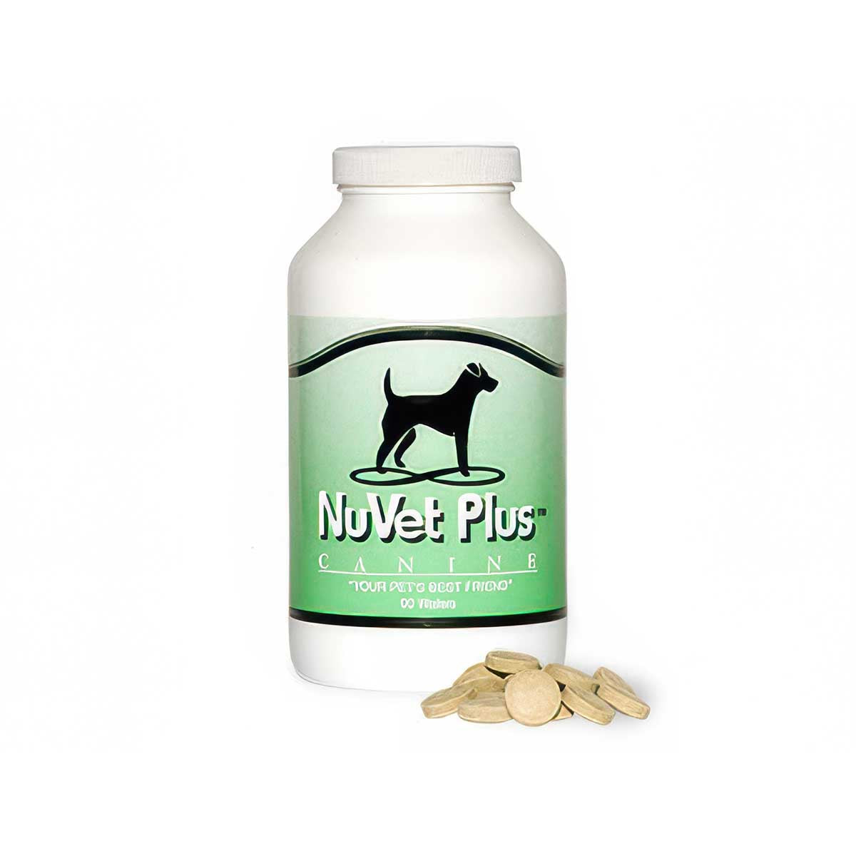 A white plastic bottle of NuVet Plus Canine supplement with a light green label and black dog silhouette, shown on a white background with several beige tablets in front.