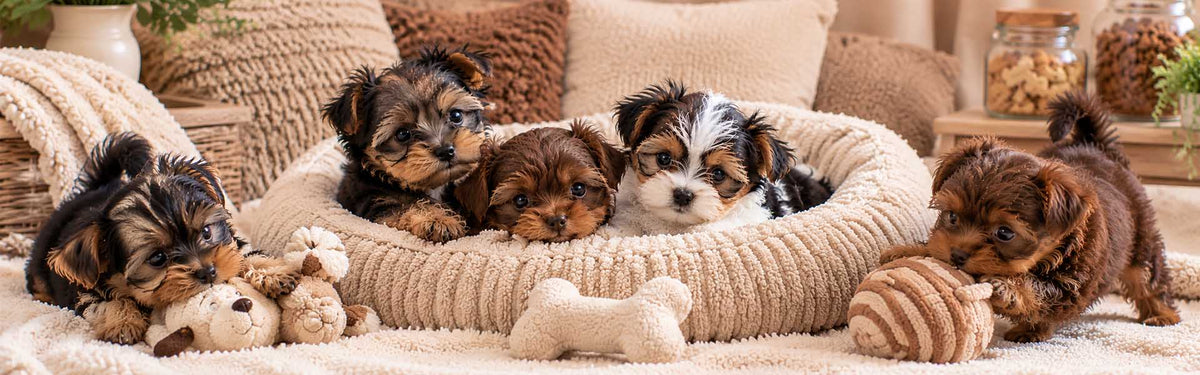 Five small Yorkshire Terrier puppies play and rest in a cozy indoor setting with a beige knit pet bed, plush toys, and warm home decor.