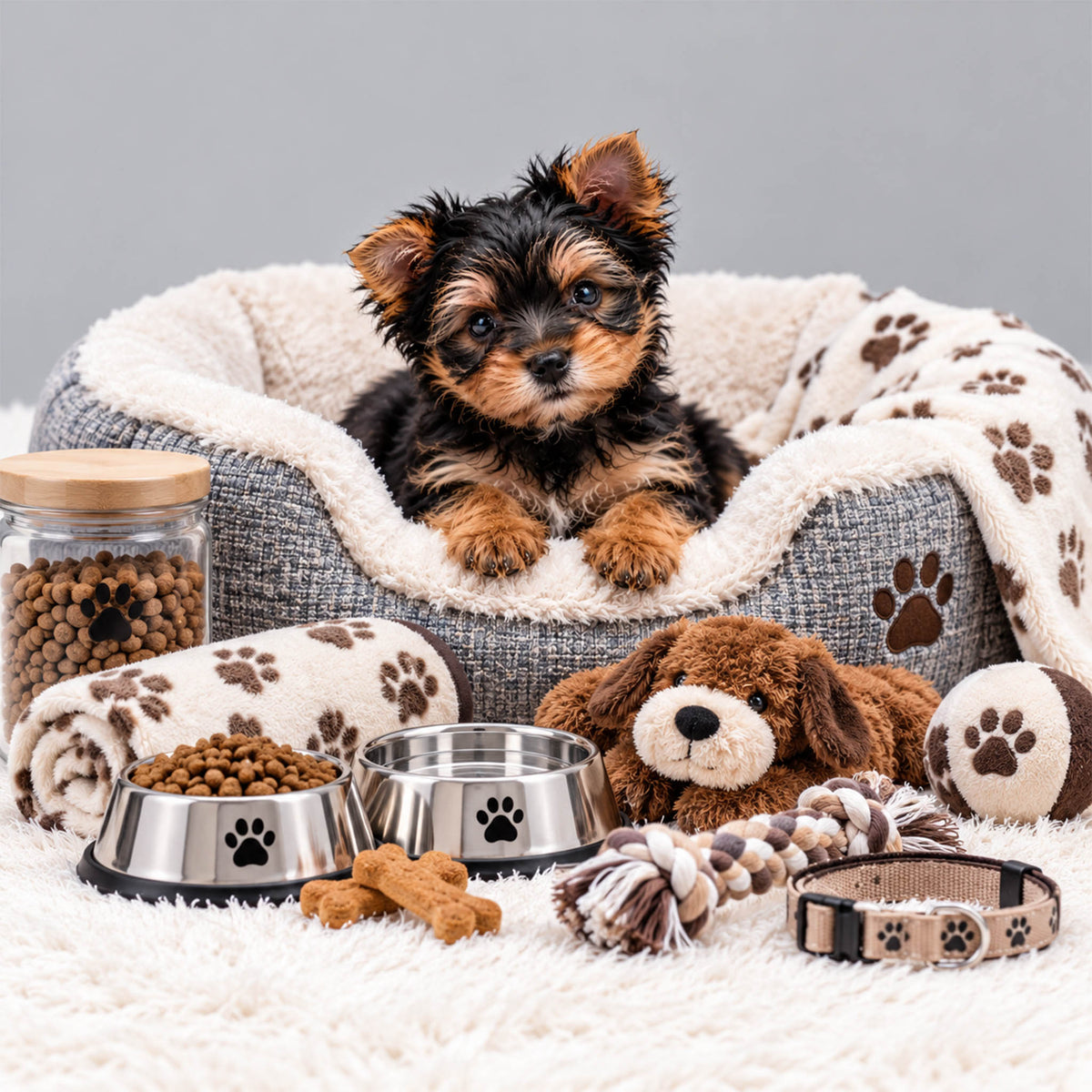 A small black-and-tan puppy sits in a gray and cream pet bed surrounded by dog accessories, including two metal bowls of kibble, a jar of dog food, a plush toy, a rope toy, a collar, and a blanket with paw prints, on a white faux-fur surface against a light gray background.