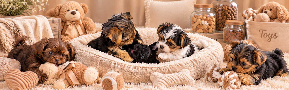 5 yorkie puppies playing in a dog bed and on the floor with dog toys