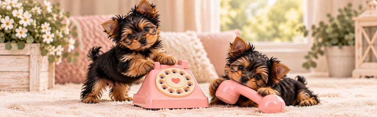 Two small Yorkshire terrier puppies in a cozy indoor setting. One puppy stands on its hind legs with its front paws on a pink rotary telephone, while the other puppy lies down holding a matching pink telephone receiver.