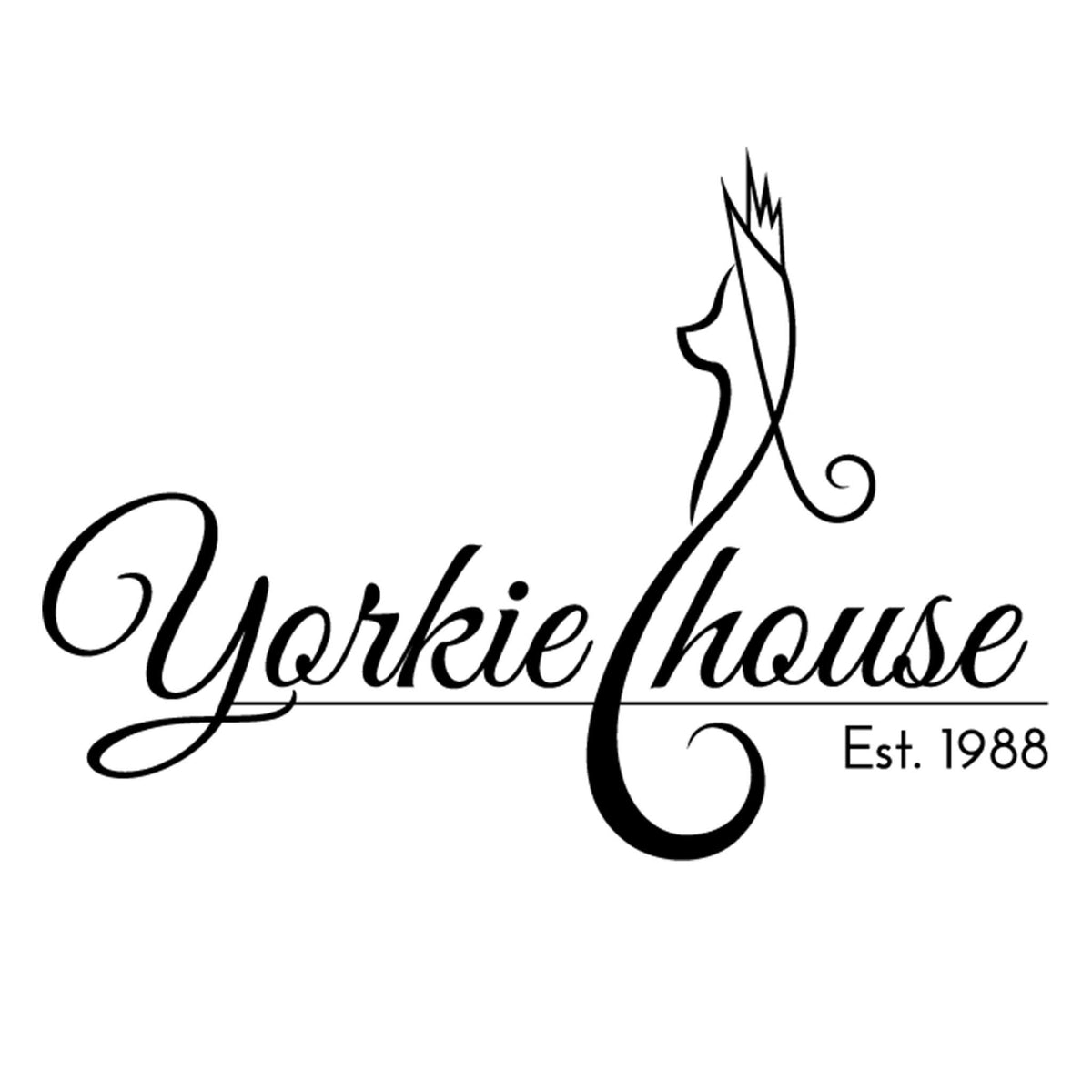 Black Yorkie House logo with a stylized cat silhouette on a plain white background.