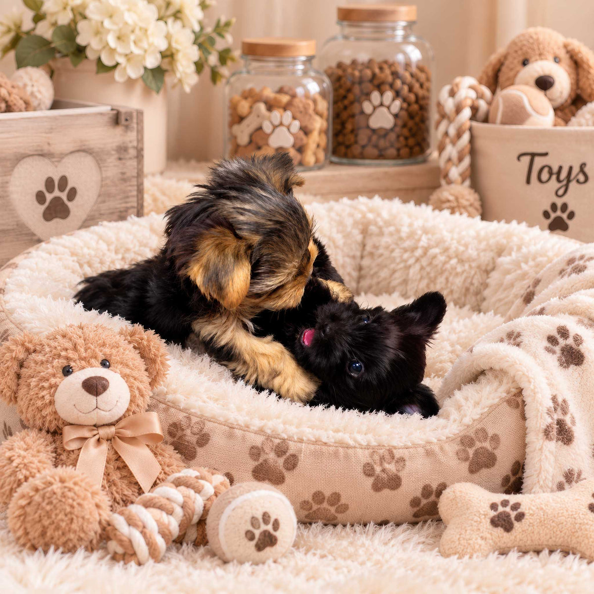 two yorkie pupplies playing in a dog bed